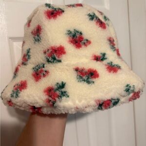 Anthropologie Cream Fleece Hat with Red and Green Floral Design